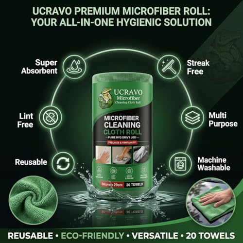 Image of UCRAVO 60 SHEETS Microfiber Cleaning Cloth Roll 10X Cheaper Than Paper Reusable and 12000 Times Washable Tear-Away Kitchen Towel Roll Highly Absorbent Lint-Free, Streak-Free Cleaning Rags (Green)