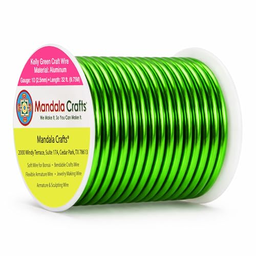 Image of Mandala Crafts 10 Gauge Anodized Aluminum Craft Wire for Jewelry Making - 32 FT Colored Flexible Kelly Green Wire - Bendable for Bonsai Armature Crafting Sculpting