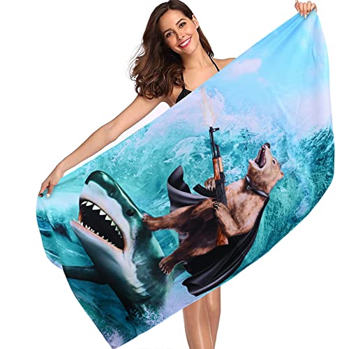 Funny Shark Bear Beach Towel, Oversized Microfiber Bath Towel Gifts For Boys Men Adults, Soft Blue Sea Blanket Animals Sand Free Quick Dry Bath Pool Sports Travel Towels Gifts For Teens ,30 X 60 #TOP7