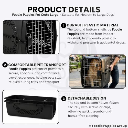 Image of Foodie Puppies Imported Plastic Pet Travel Carrier Cage (66 x 47 x 53 cm, Large) for Medium to Large Dogs & Adult Cats | Portable Transporter Box with Metal Door & Spring Lock