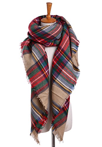 Bess Bridal Women's Plaid Blanket Winter Scarf Warm Cozy Tartan Wrap Oversized Shawl Cape (One Size, Camel) - Thumbnail 6