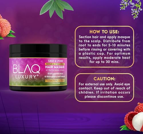 Blaq Luxury Sage & Lychee Hair Masque Treatment for Stronger, Healthier Hair - Biotin Infused, Promotes Growth & Moisture Retention, All Types, 10oz - Image 6