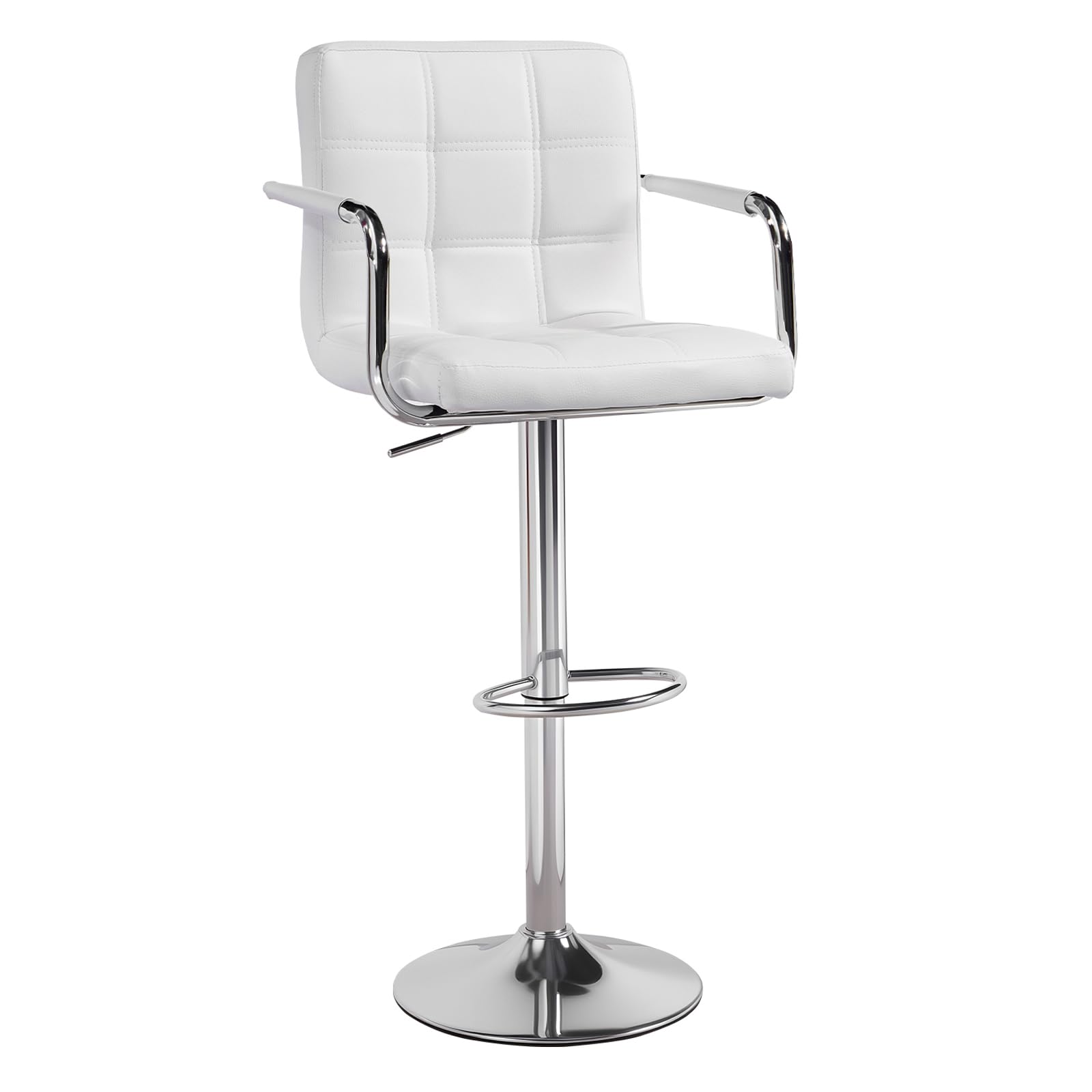 Height Adjustable Cuban Bar Stool With Armrest - Synthetic Leather 360° Swivel With Backrest and Footrest for Kitchen, Counter and Home (One Stool, White)