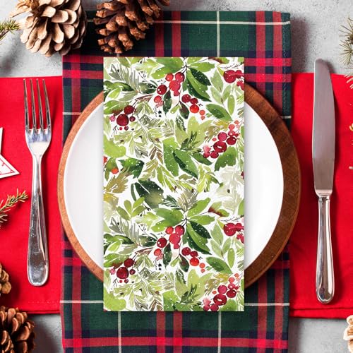 Christmas Guest Napkins Watercolor Mistletoe 3 Ply Disposable Paper Napkins Xmas Winter Berry Dinner Hand Towel Napkins for Party Table Decor, 80Pcs – Image 6