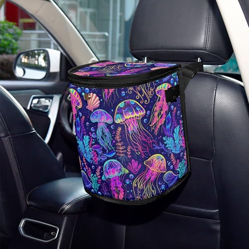 Image of MNSRUU Car Trash Can with Lid, Jellyfish Car Trash Bag Hanging Organizers and Storage for Front Back Seat, Leak-Proof Trash Bin