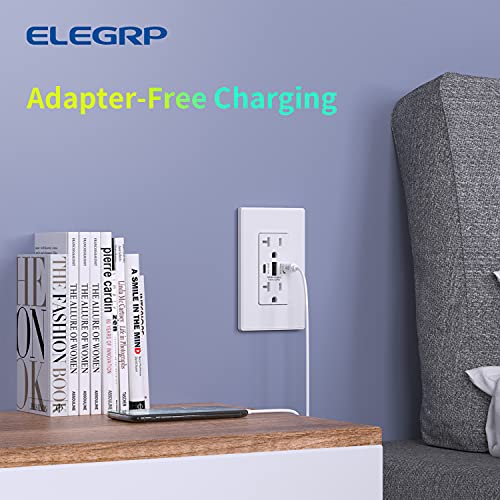 Elegrp Usb Outlets, 30W 6.0 Amp Usb C Outlets Receptacles, 3-Port Usb Wall Outlet, 20 Amp Tamper-Resistant Outlet With 2 Usb C Ports, Ul Listed, Screwless Wall Plate Included, 1 Pack, Matte White #TOP6