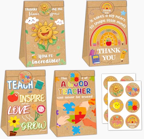 12 Pcs Thank You Teacher Gift Bags with Label Stickers Thank You Party Favour Bags Treats Teacher Appreciation Party Supplies Kraft Paper Four Styles