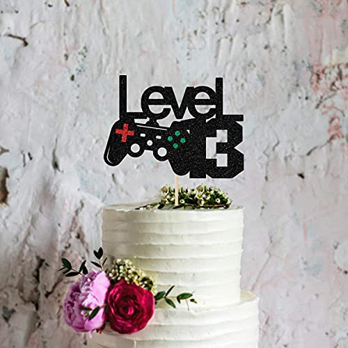 Image of FestikoBlack Glitter Level 13 Cake Topper - Level Up 13th Birthday Cake Topper - Happy 13th Birthday, 13 Year Old for Gamer Theme Party Decorations