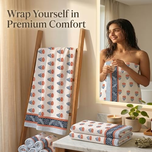 Image of Mafatlal Madhuban Waffle Weave Cotton Set (1 Bath 147x76 cm + 2 Hand 76x38 cm) | 250 GSM | Hand Printed Floral | Cranberry Color