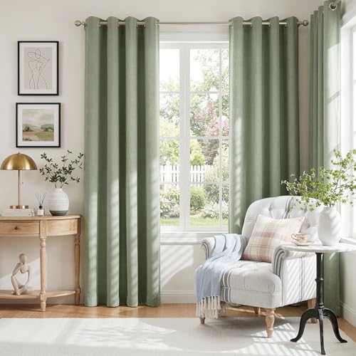 Image of 100% Blackout Shield Linen Textured Total Blackout Curtains for Bedroom 84 Inches Long, Sage Green Grommet Curtains for Living Room, Thermal Insulated Room Darkening Drapes, 50 inch W x 84 inch L, 2 Panels