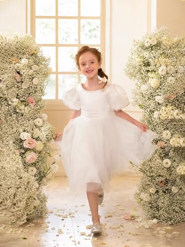 Pearls O-Neck Flower Girl Dress Pretty Princess Wedding Party Satin Tulle First Communion Dresses with Bowknot2