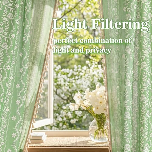 Image of MYSKY HOME Sage Green Boho Floral Tiers Curtains 24 Inch Long 2 Panels