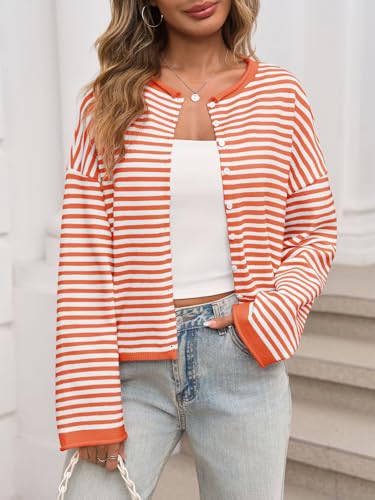 Image of Saodimallsu Womens Striped Cardigan Casual Long Sleeve Open Front Button Down Loose Knit Lightweight Fall Sweaters