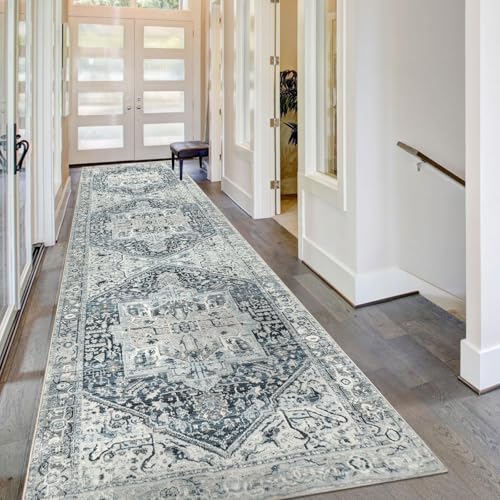 Homcomodar Distressed Läufer Teppich für Flur 80x300cm Vintage Flur Runner Teppiche Waschbare Boho Kitchen Runner Teppiche für Entryway Wäsche Daneben(Blau/Grau)