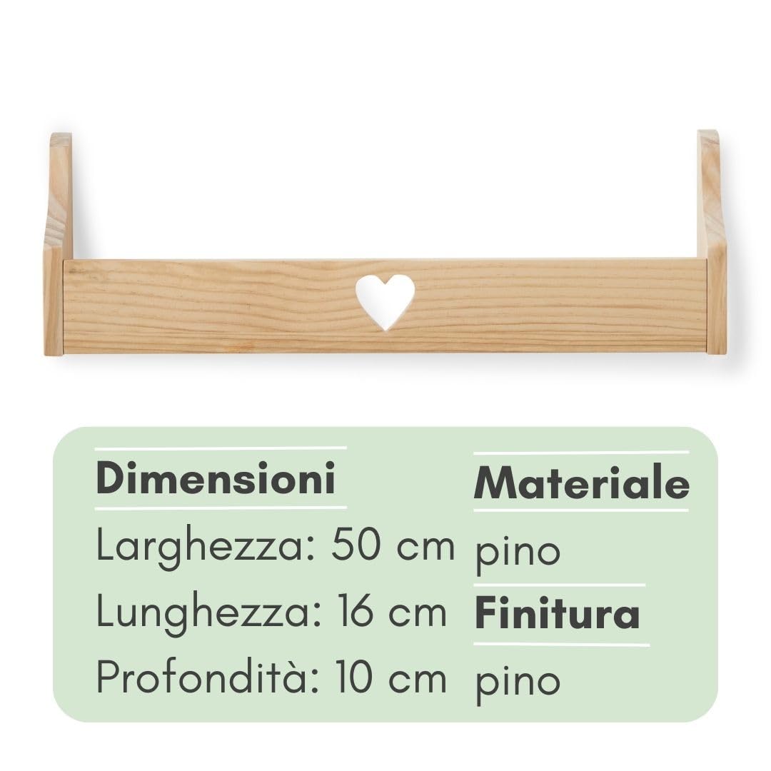 Haus Projekt Mensola a Parete per Bambini Cuore Scaffale Libreria Bambini, Mensole Cameretta, Organizer, Soluzione di Stoccaggio Multiuso a Parete, Heart Chubby Shelf (Pacchetto 3, Pino) 50x10x16cm