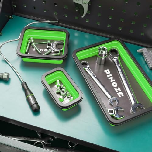 Image of PINOZE Collapsible Magnetic Parts Organizer Trays & 12 inch Flexible Magnetic Pickup Tool, 3 Different Size Magnet Tool Trays & Pick-Up Sweeper for Screw, Bolts, Nuts, Washers, Pins and Metal Parts, Green