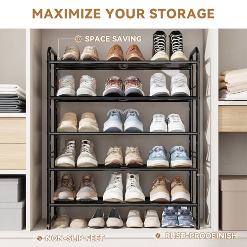 Image of MWQShoe Rack, 5 Tier 27 inch Wide Metal Mesh Shoe Organizer for Closet Holds up to 15-18 Pairs, Stackable, Black