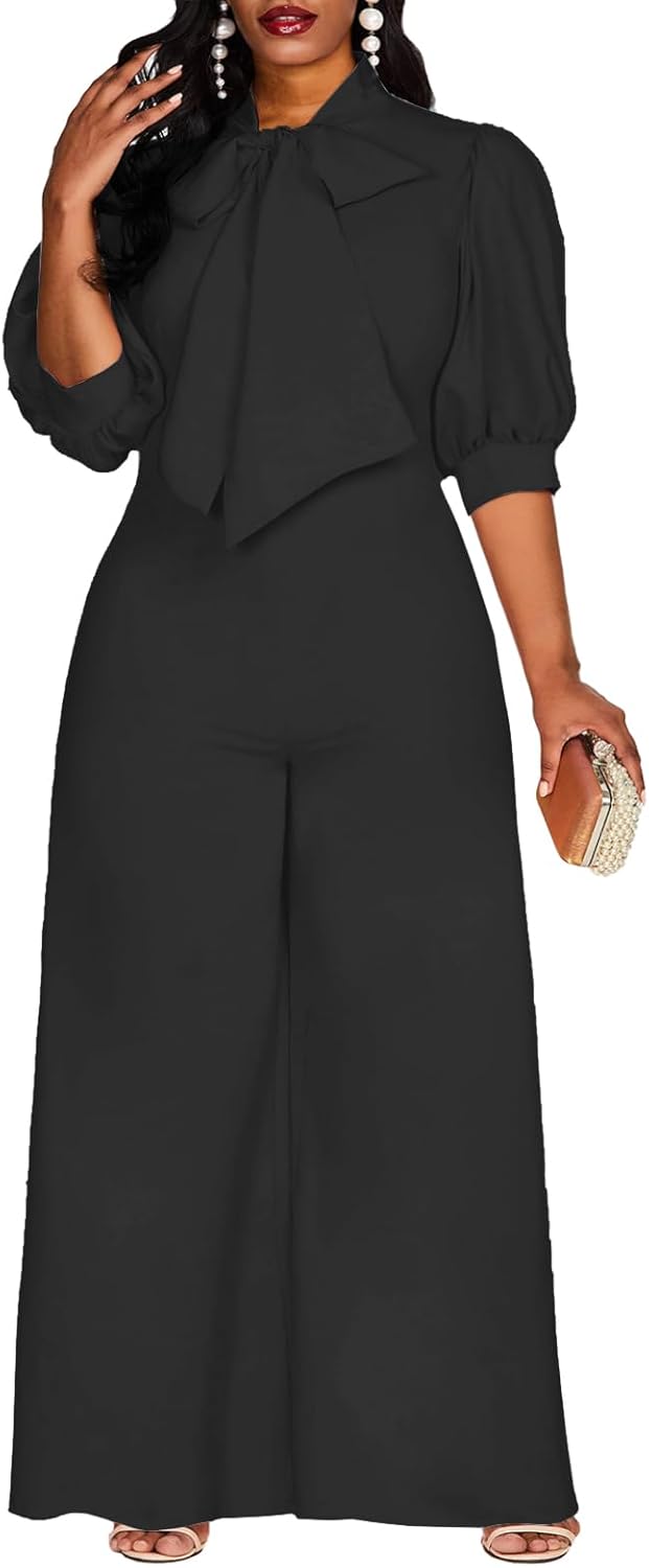 VERWIN Plus Size Jumpsuit for Women Bowknot Full Length Plain Dressy Short Sleeve Romper Wide Leg Overall