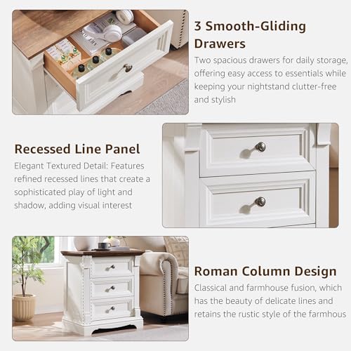 Image of Farmhouse 26 inch Tall Nightstand with Charging Station 23.6 inchW Wood Side Table