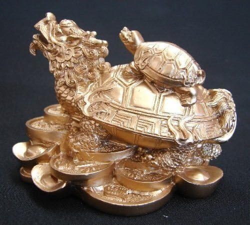 Monkey King TM Feng Shui Dragon Turtle Tortoise Statue Figurine Standing on a Bed of Coins and Gold Ingots Lucky Wealth (Gold)