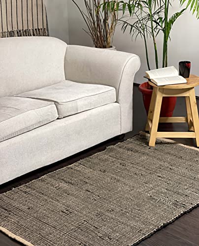 Chardin Home Jute & Black Cotton Rags Runner Rug. Boho Farmhouse Country Home Decor Long Rug Reversible Mat | 3X5 Feet Black/Jute #TOP2