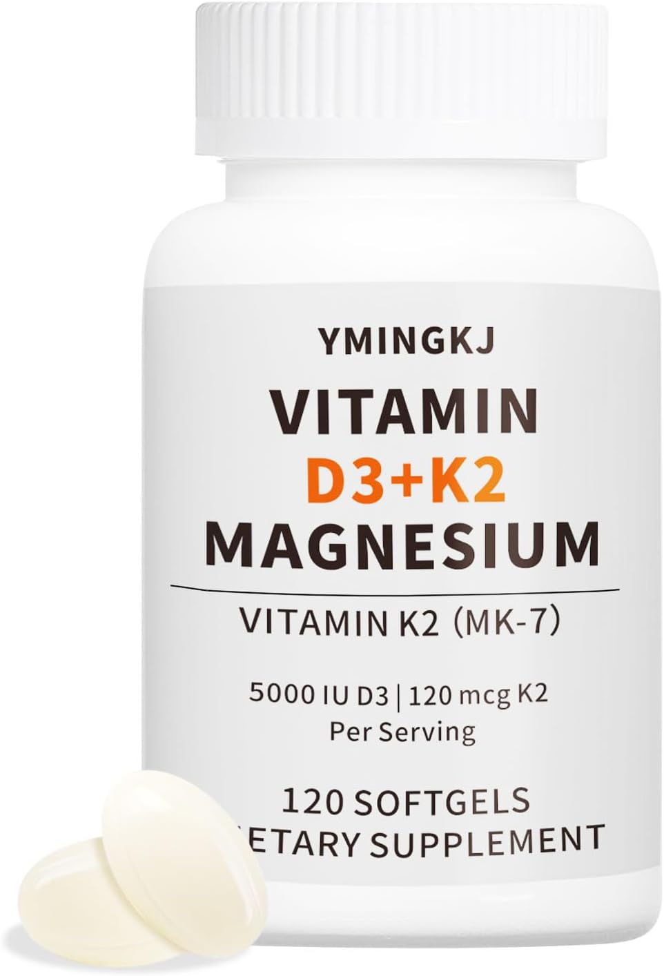 Vitamin D3 K2 5000 IU 120 Softgels with Magnesium Supplement - & 120mcg MK-7 K2 for Bone Health & Immune Support - Non-GMO & Gluten-Free Softgels with MCT Oil