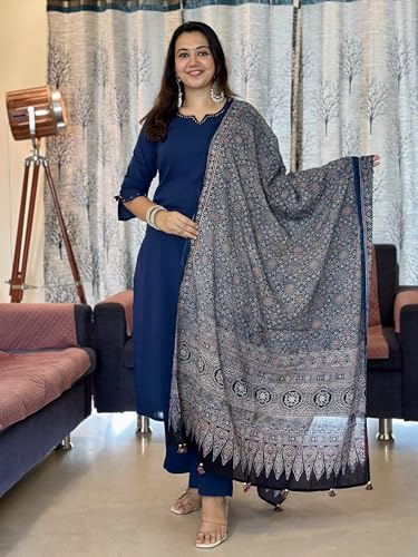 Image of GoSriKi Kurta Set for Women Viscose Solid | Kurti Set for Woman | Kurta Pant Dupatta 3 Piece Outfit | Round Neck V Slit 3 /4 Sleeve Regular Fit Ethnic Dress Stylish Womens Clothing