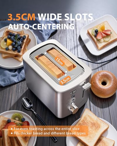 2 Slice Toaster, LED Countdown Timer, 6 Browning Setting - Bread Toasters with Warming Rack and Removable Crumb Tray,Defrost/Reheat/Cancel,1.1m Long Cord, Stainless Steel, Silver - Image 3
