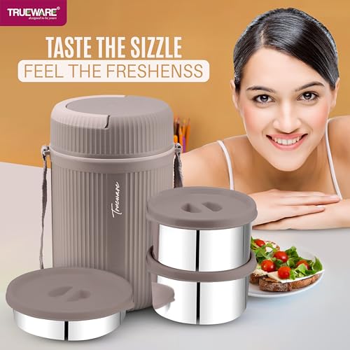 Image of Trueware GRUB 2 Double Wall Insulated Hot Lunch Box with 2 SS Container 300 ML Each & 1 SS Container 200ML | Bpa Free | Food Grade | Hot and Fresh Ma (LBI-GRB-002-Peach BAZ)