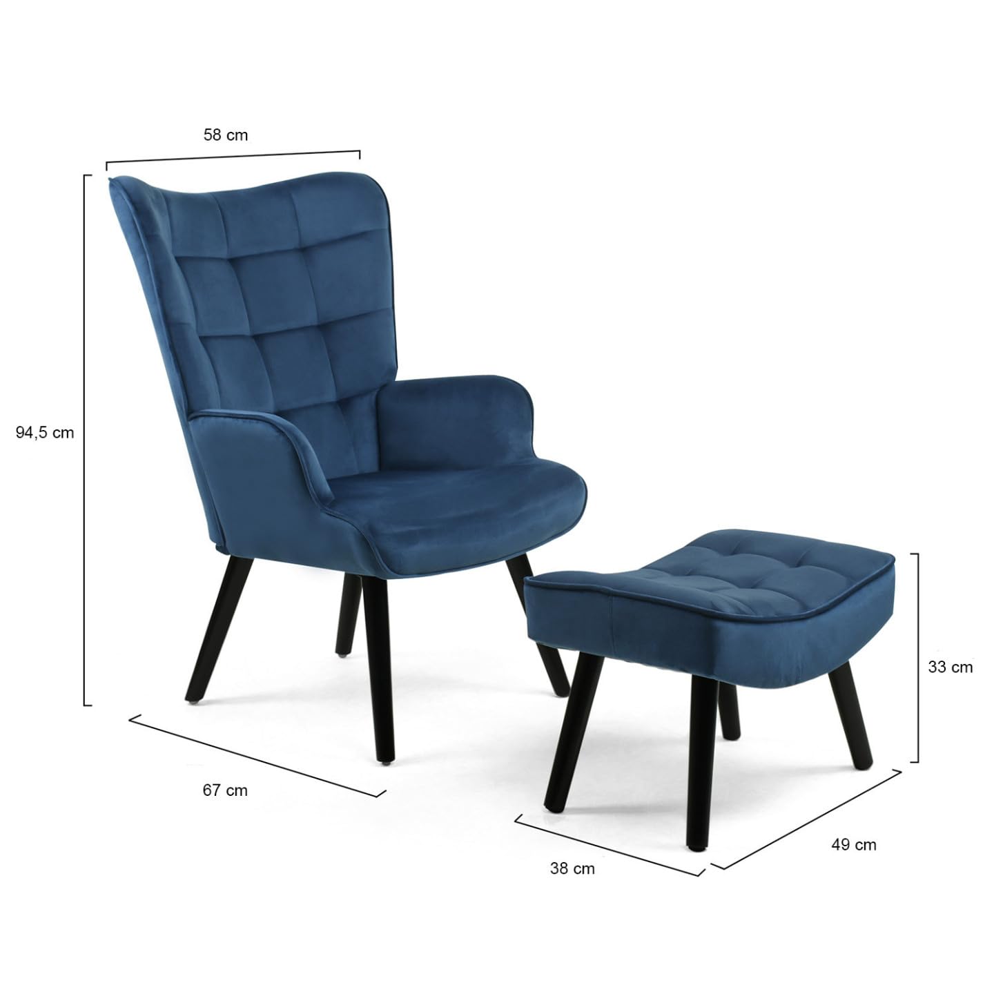 IDMarket - Sillón escandinavo ANIA con reposapiés de terciopelo azul