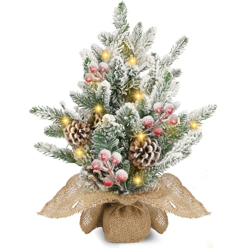 Aigostar Albero di Natale con Luci Incorporate 35cm, Albero Decorato Piccolo Innevato, Pigne e Bacche Rosse, Perfetto per Soggiorno, Camera da Letto o Cameretta