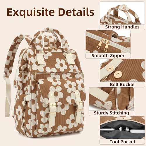 Image of Corduroy Laptop Backpack for Women 15.6 Inch Stylish College School Bookbag, Business Work & Travel Computer Backpacks (Large Floral Brown)