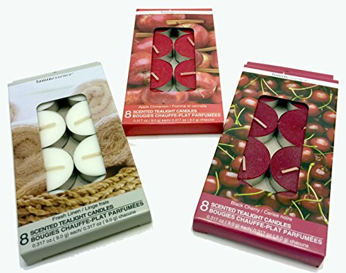 Luminessence(tm) Assorted Scented Tealight Candles, 8 Tealight Candles in Each Pack - 3 Packs -Total of 24 - Wonderful Aroma - Long Lasting – Inexpensive – Apple Cinnamon – Black Cherry - Fresh Linen