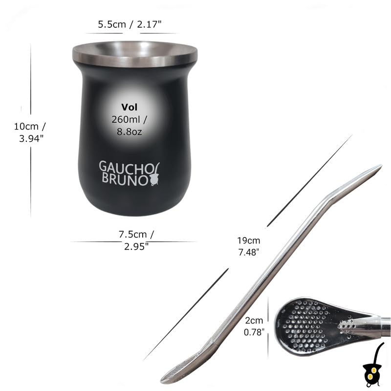 Gaucho Bruno - Stainless Steel Industrial Mate with Bombilla for Drinking Yerba Mate, Black, Mate+Bombilla - Image 4