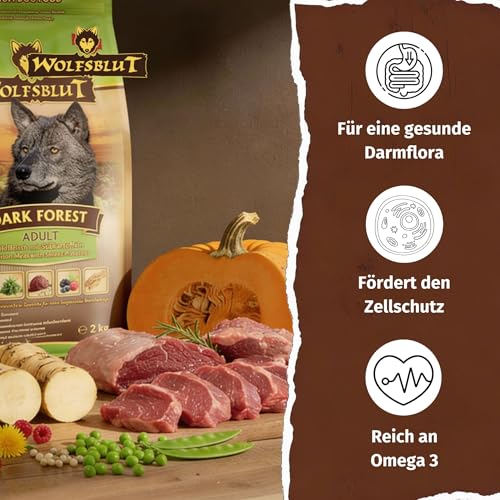 WOLFSBLUT – Dark Forest Adult | Trockenfutter mit natürlichen Zutaten und wertvollen Superfoods für ausgewachsene Hunde. Getreidefreies Alleinfutter ohne Zusatzstoffe im Beutel | 2kg Wild