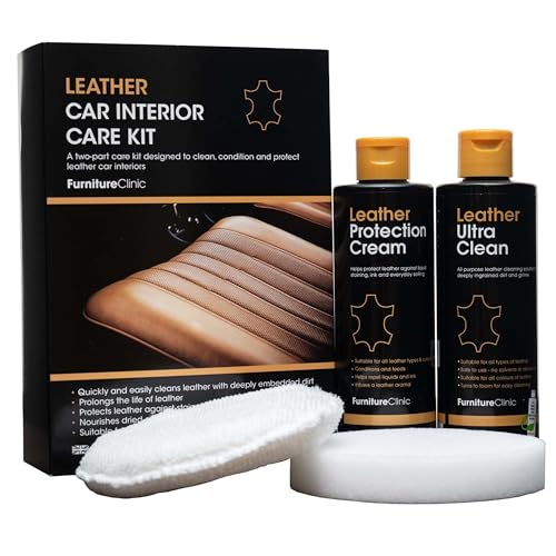 Furniture Clinic Kit de Cuidado del Interior de Cuero del vehículo – Kit de Limpieza para Asientos de Coche – 250 ml de Limpiador y acondicionador – Apto para Todo Tipo de Cuero y Vinilo