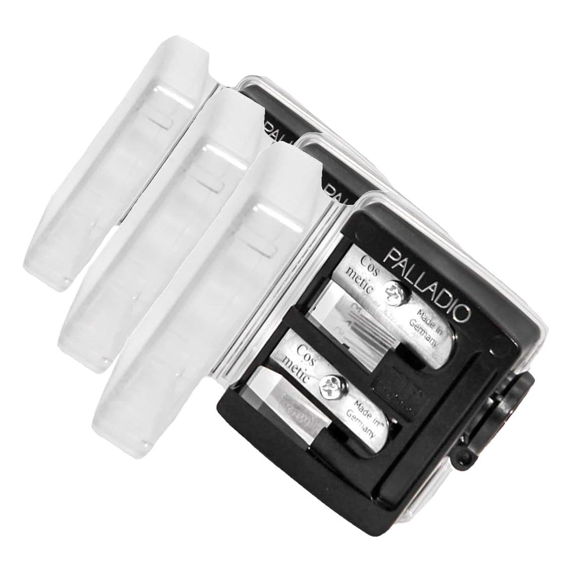Palladio Double Barrel 3 in 1 Cosmetic Pencil Sharpener with Cover, Stainless Steel Blade, Size Adjuster, Essential for Small and Extra Large Lip Liner, Eyeliner, Brow Pencils (Pack of 3)