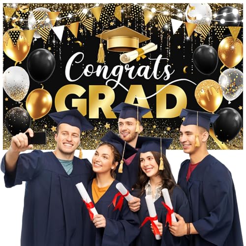 Image of AIBIIN 7x5ft Congrats Grad Backdrop Black Gold Glitter Balloons Congratulations Graduation Party Decorations Background for Photography Graduation Decorations 2025 Party Supplies