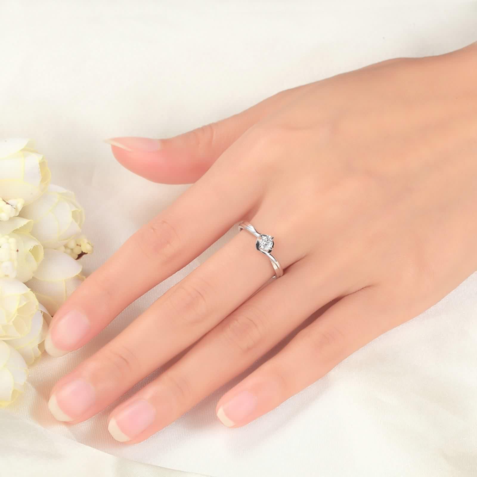 Anillo de Compromiso Mujer con Diamante, Anillos Compromiso Oro Blanco 18K 0.17Ct Blanco Forma Redonda Brillante Por Promesa de Boda