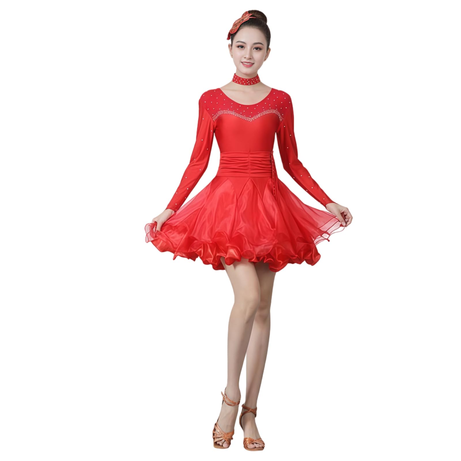 Abito da Competizione per Balli Latino-Americani da Donna, Elegante Costume da Esibizione A Maniche Lunghe di Colore Rosso con Scollo Rotondo E Strass per Cha-Cha Rumba Samba
