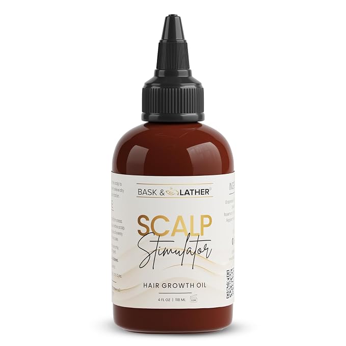 Bask & Lather Scalp Stimulator Hair Growth Oil, Cold Pressed Mint and Rosemary Blend with Grapeseed for Hair Growth, Organic Natural Leave in, All Hair Types, 4 Fl Oz