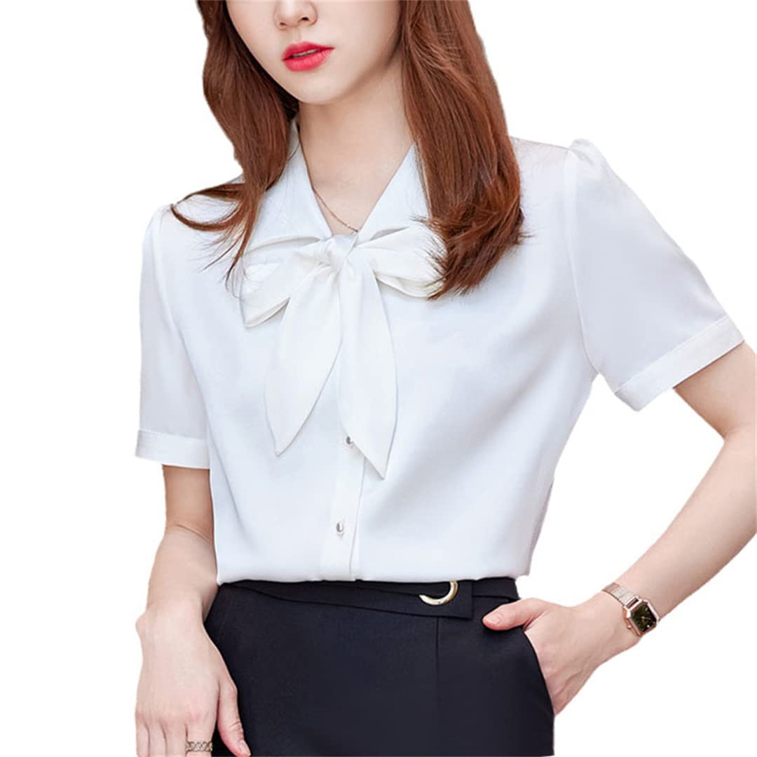 Camisa con Lazo para Mujer, Blusa Rosa de Manga Corta de Verano de Gasa, Blusas de Acetato, Camisa de Trabajo Holgada Informal para Mujer de Oficina