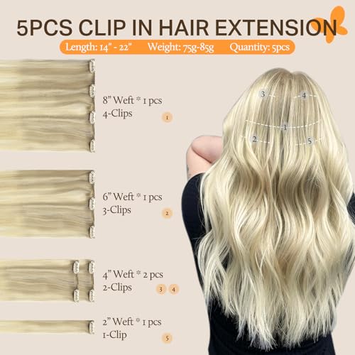 Image of DOORES Classic Clip Seamless Clip, 5pcs 80g 20 Inch Balayage Ash Blonde to Golden Blonde and Platinum Blonde
