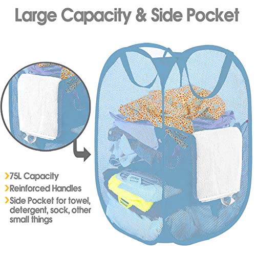 Image of BATTOO Deluxe Strong Mesh Pop up Laundry Hamper Basket with Side Pocket Foldable Hamper for Laundry Room, Bathroom, Kids Room, College Dorm or Travel Light Blue