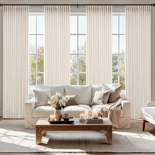 MIULEE Pinch Pleated Thick Linen Curtains 96 Inches 4 Panels Set Ivory Cream Back Tab Memory Trained Pinch Pleat Semi Sheer Light Filtering Privacy Curtains Window Drapes for Living Room Bedroom Birch