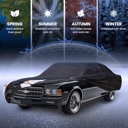 Image of Multi-Layer Car Cover Custom Fit for Chevrolet Caprice (1970-2016), 100% Waterproof All Weather for Automobiles, Gift with Towel, Heavy Duty Car Covers for Rain Sun UV Protection with Door Zipper.