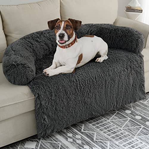 Syalife Shaggy Plush Calming Dog Couch Bed Pet Protector, Fluffy Waterproof Lining and Nonskid Bottom, Dog Mat for Furniture Protector with Washable Cover(Large, Dark Grey)
