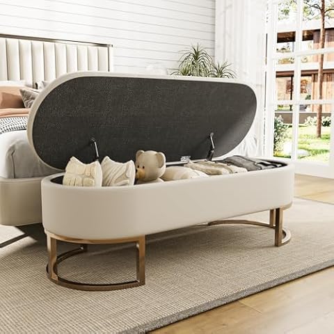 Maupvit 50" Storage Ottoman Bench, Upholstered Leather End of Bed Bench for Storage & Sitting, Modern Long Bench with Metal Foot for Living Room, Entryway, Beige Cover