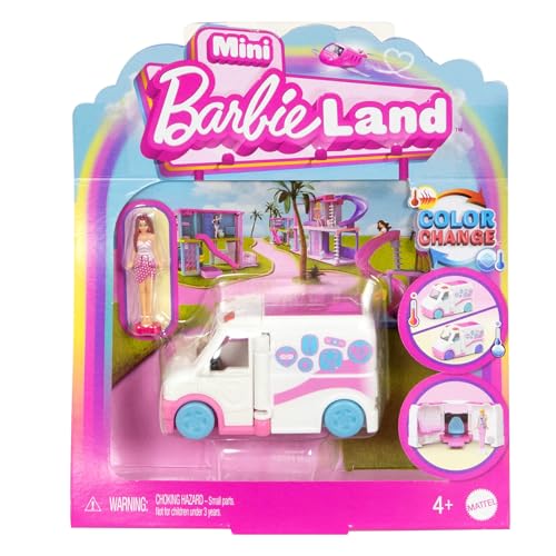 Barbie Mini BarbieLand Conjunto de muñeca y vehículo de juguete, con muñeca Barbie de 3,81cm, ambulancia que cambia de color y consulta médica, JCR34