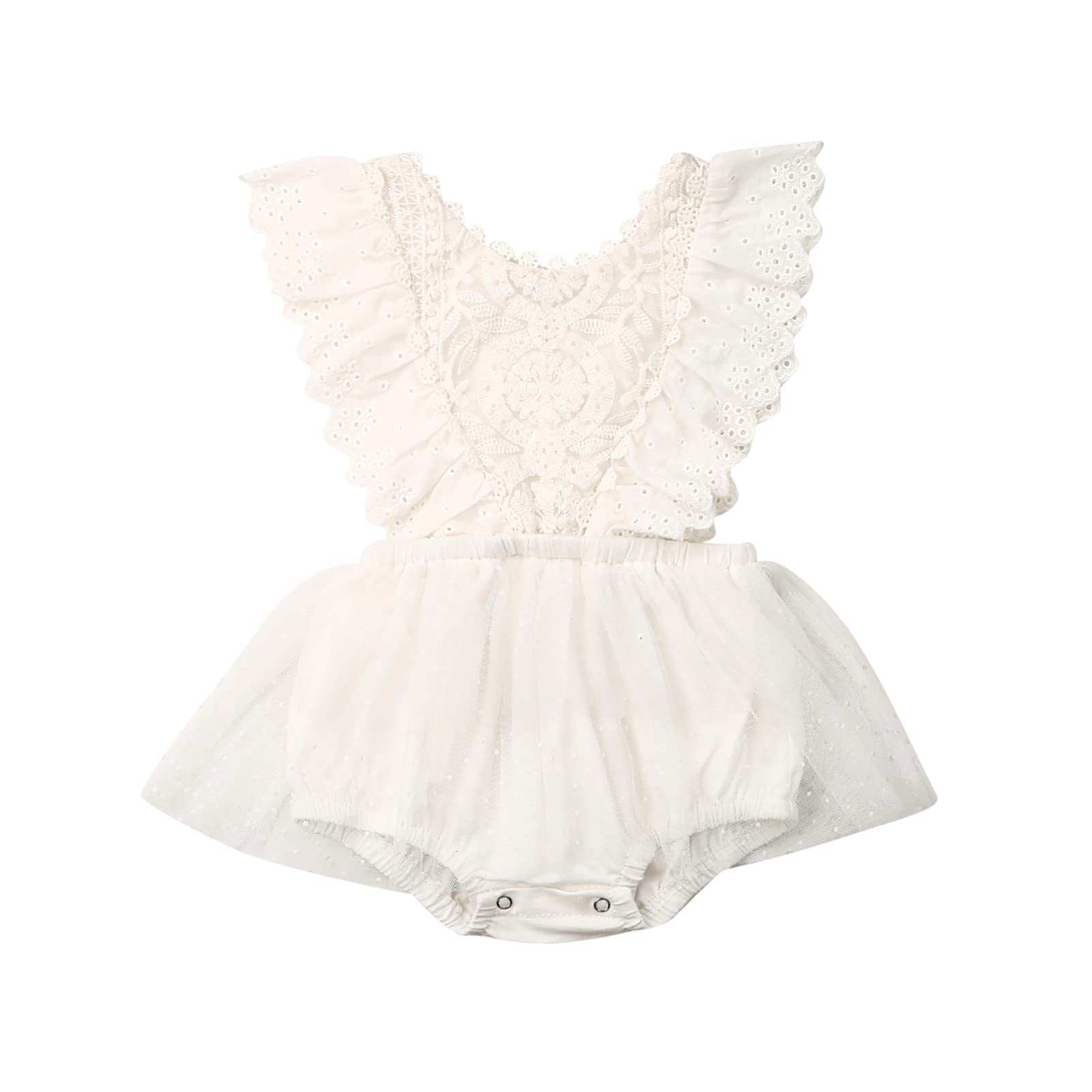 Newborn Infant Baby Girl Romper Bodysuit Jumpsuit Outfits Lace Romper Ruffle Sleeveless Backless Tutu Dress White Clothes (M-White, 6-12 Months)